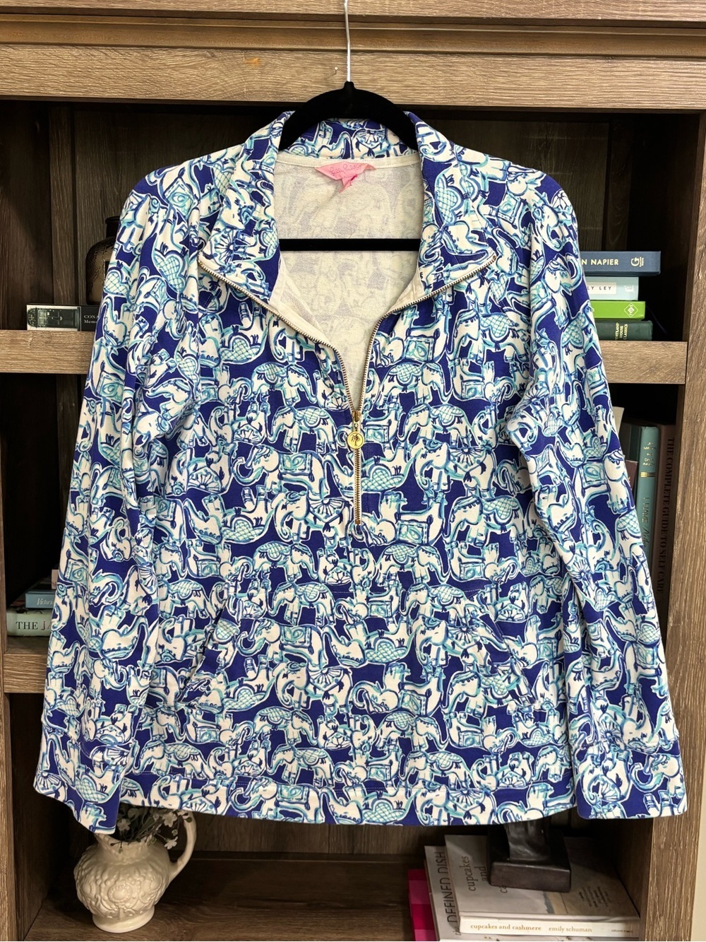 Lilly Pulitzer Elephant Print Half-Zip Skipper Pop Over Jacket, Size M